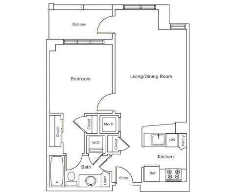 Floor plan for 1 bed, 1 bath, 670 sqft